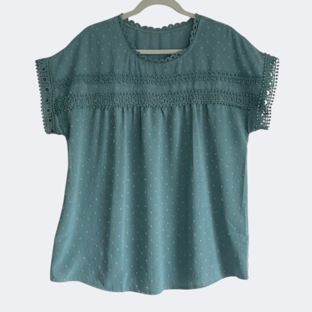 Sheer Teal Swiss Dot Short Sleeve Lace Trim Blouse